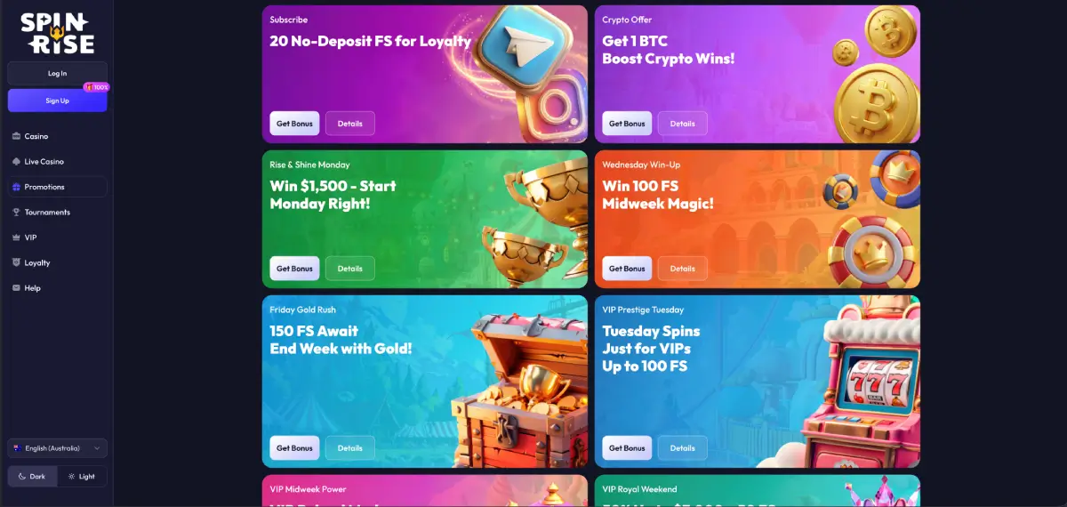 Spinrise casino no deposit bonus screen showing free spins promotion details