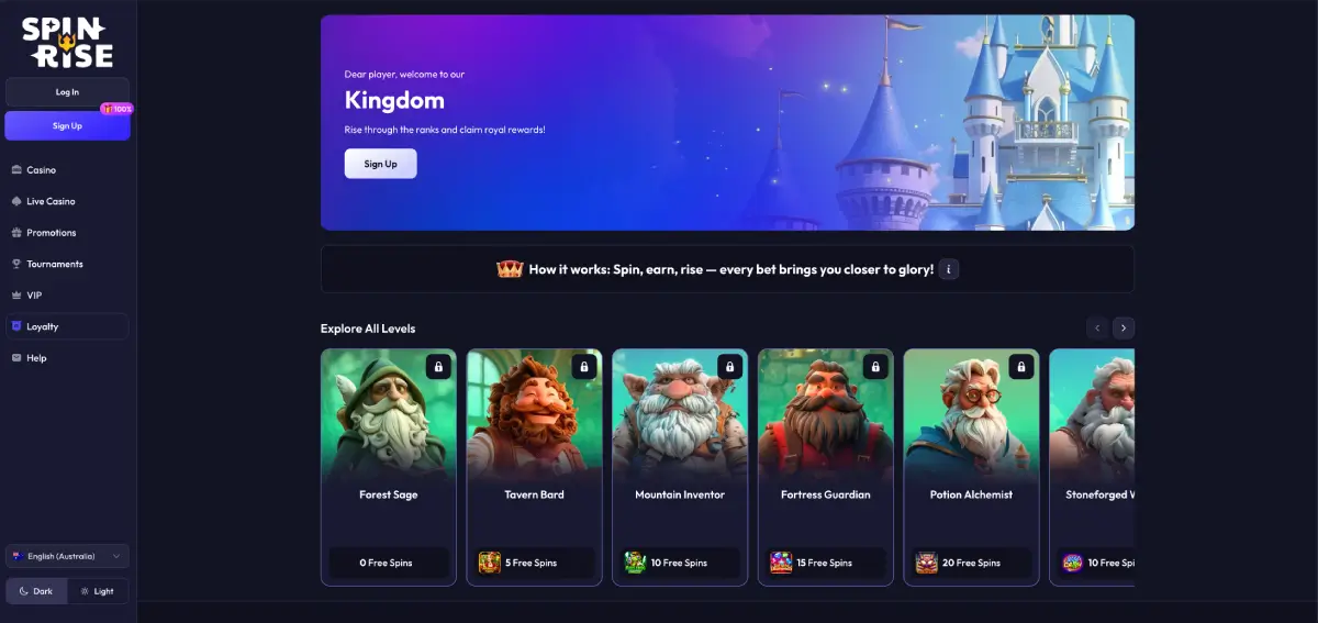Spin rise casino promotions section featuring cashback deals and free spins offers