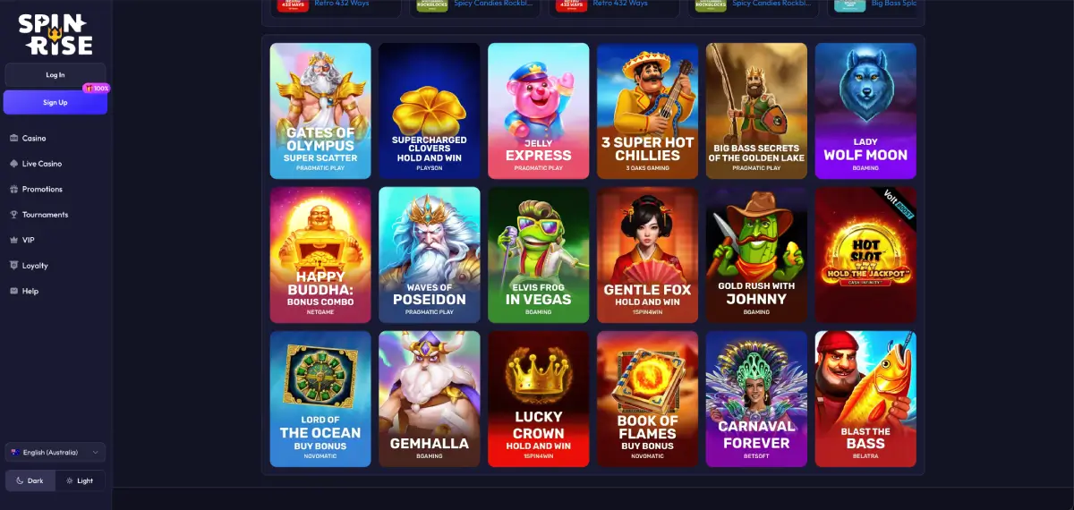 Spin rise casino game lobby with top titles and RTP filter sections