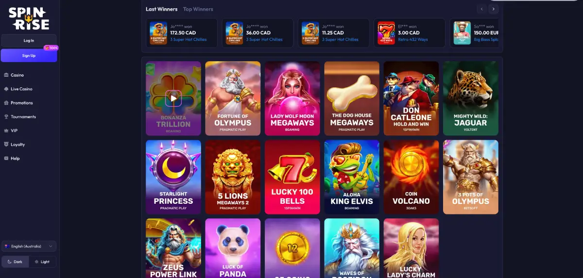 Spinrise mobile casino interface displaying slots on a smartphone screen