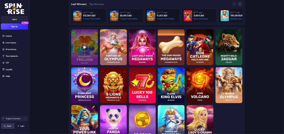 Spinrise casino slots lobby featuring top games and RTP category filters