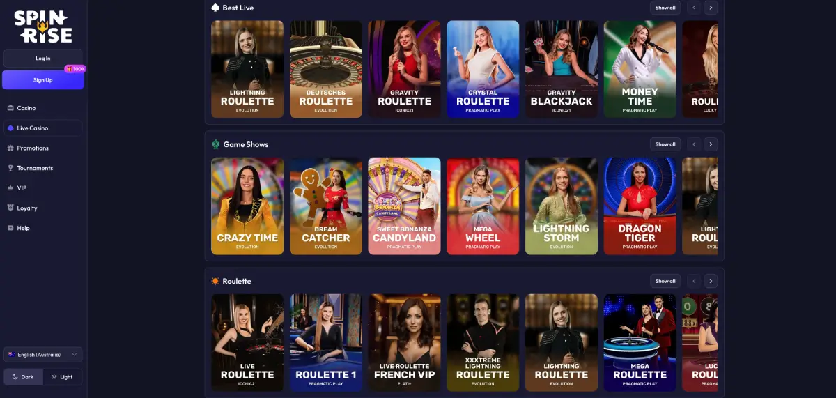 Spinrise live casino lobby showing roulette table with live dealer stream