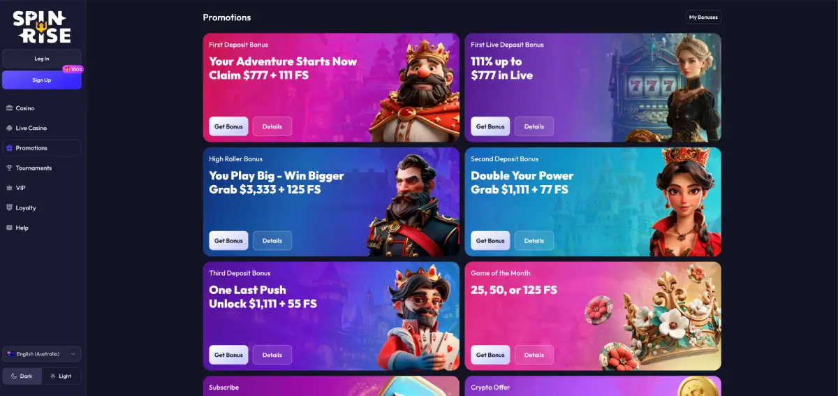 Spinrise casino promotions page displaying C$5,555 bonus and free spins breakdown