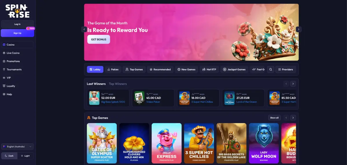 Spinrise casino homepage showing slots lobby and welcome bonus offer